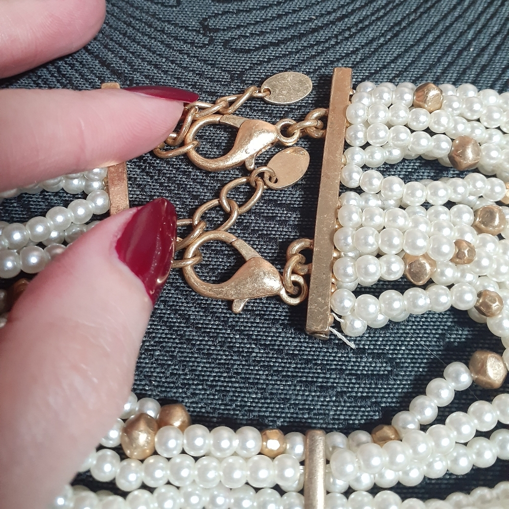 Zara Cream Pearl Multi-Row Choker with Gold Accents - Picture 6 of 14